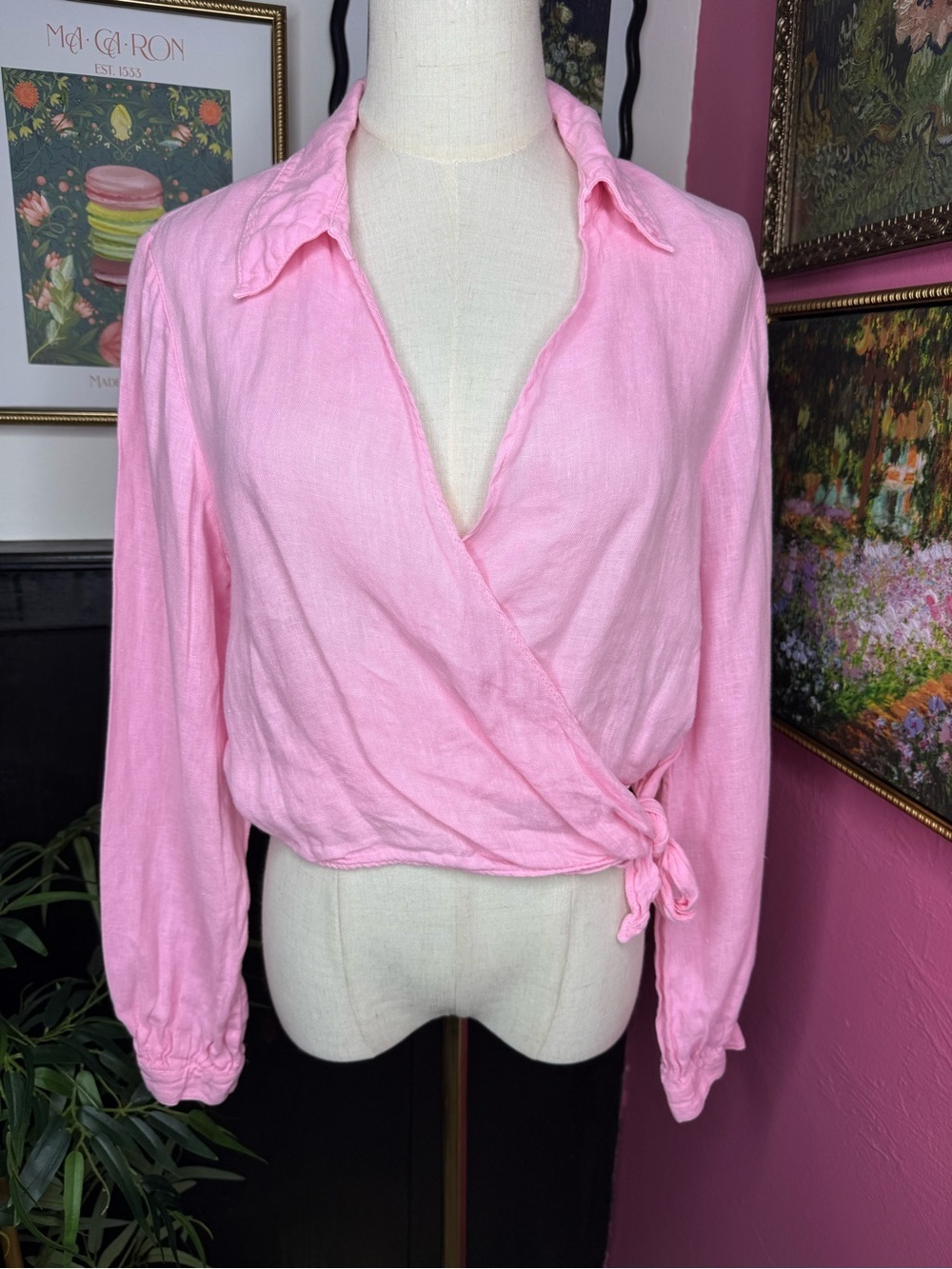 NEW Zara Pink Long Sleeve V-Neck Cropped Linen Top Sz Small